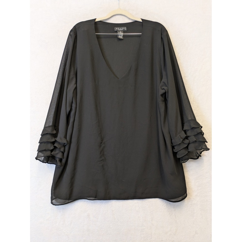 GRACE Women's Size 2X Black Sheer Chiffon Tunic Top V Neck Ruffle Sleeve